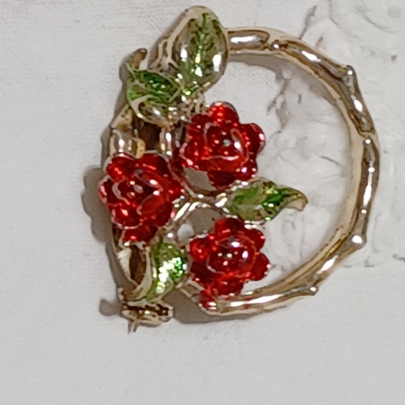 Vintage Silver-tone Enamel Red Roses Pin Brooch Signed ME - Picture 6 of 7
